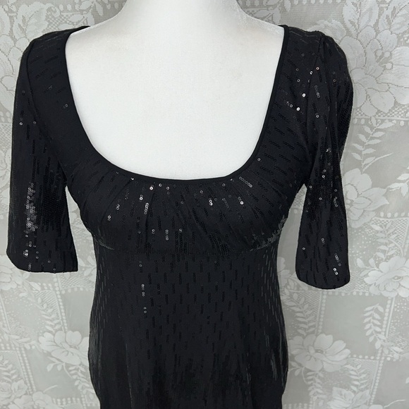 Suzi Chin Black Sequin Jersey Pleated Scoop Neck Party Cocktail Dress - Picture 4 of 10